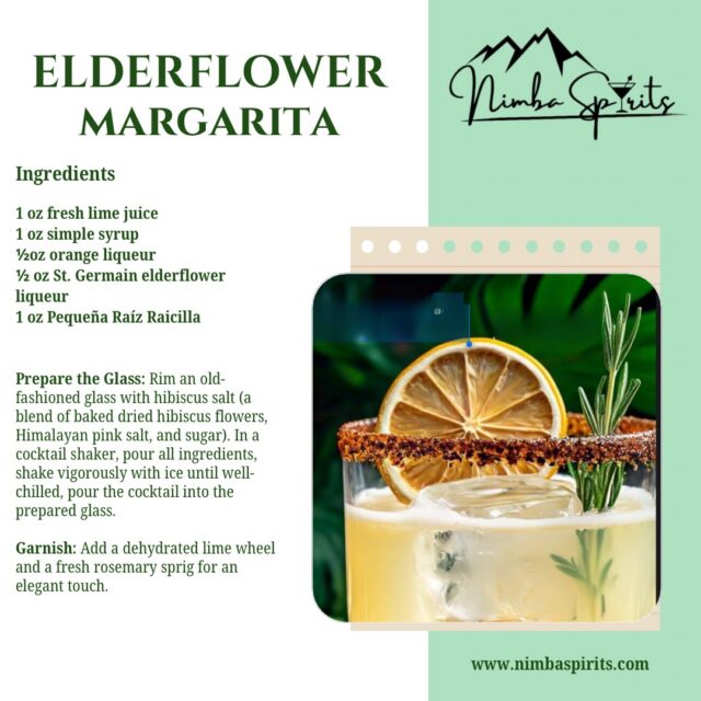 🌿 ELDERFLOWER MARGARITA ✨
➖➖➖➖➖➖➖➖➖➖➖➖➖➖➖➖➖
A floral reinterpretation of the classic margarita featuring Pequeña Raíz Raicilla, elderflower liqueur, and fresh lime.

Bright citrus, delicate botanicals, and layered agave character create a crisp, elegant finish.

Ingredients:
1 oz Pequeña Raíz Raicilla
½ oz St-Germain Elderflower Liqueur
½ oz Orange Liqueur
1 oz Fresh Lime Juice
1 oz Simple Syrup

Build:
Shake with ice until thoroughly chilled. Serve over fresh ice in a hibiscus salt-rimmed glass.

Garnish with dehydrated lime and fresh rosemary. 🏔️🥃

@pequenarizraicilla · Elderflower · Lime · Hibiscus Salt

#NimbaSpirits #Raicilla #CraftCocktails