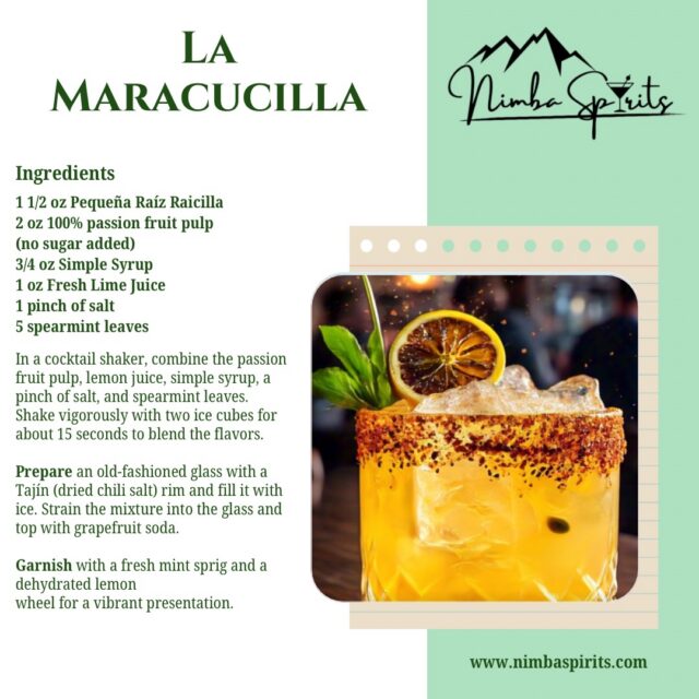 🥭🌿 La Maracucilla 🥃
➖➖➖➖➖➖➖➖➖➖➖➖➖➖➖➖➖
✨ A vibrant expression of Raicilla, where tropical passion fruit, fresh citrus, and mountain agave come together in perfect balance.

📝 Ingredients: • Pequeña Raíz Raicilla • Passion Fruit • Fresh Lime • Spearmint • Grapefruit Soda • Tajín •

➡️ Build: Shake Pequeña Raíz Raicilla, passion fruit pulp, fresh lime juice, simple syrup, mint, and a pinch of salt with ice. Strain into a Tajín-rimmed rocks glass over fresh ice and finish with grapefruit soda.

🍃 Garnish: Fresh mint sprig & dehydrated lime wheel.

Ready to discover what lies beyond tequila & mezcal?

#nimbaspirits #pequeñaraíz #craftcocktails #raicilla