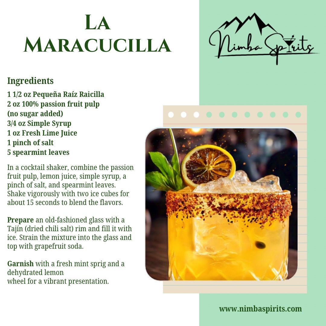 🥭🌿 La Maracucilla 🥃
➖➖➖➖➖➖➖➖➖➖➖➖➖➖➖➖➖
✨ A vibrant expression of Raicilla, where tropical passion fruit, fresh citrus, and mountain agave come together in perfect balance.

📝 Ingredients: • Pequeña Raíz Raicilla • Passion Fruit • Fresh Lime • Spearmint • Grapefruit Soda • Tajín •

➡️ Build: Shake Pequeña Raíz Raicilla, passion fruit pulp, fresh lime juice, simple syrup, mint, and a pinch of salt with ice. Strain into a Tajín-rimmed rocks glass over fresh ice and finish with grapefruit soda.

🍃 Garnish: Fresh mint sprig & dehydrated lime wheel.

Ready to discover what lies beyond tequila & mezcal?

#nimbaspirits #pequeñaraíz #craftcocktails #raicilla
